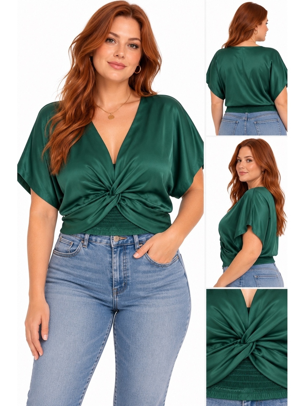 Forever 21 Emerald Green Satin Twist Front Blouse Top Size L Party Holiday